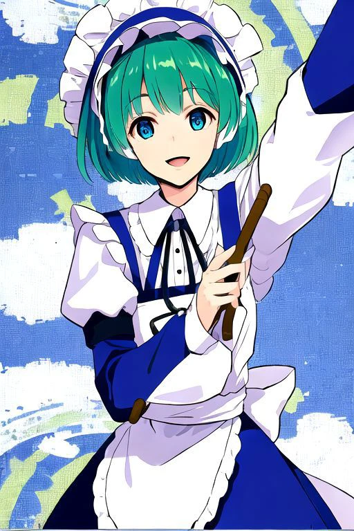 solo_focus, 1girl, (((masterpiece))), ((best quality)), ((ultra-detailed)), high resolution, absurdres, highres, ultra-detailed 8k unity wallpaper,
ruukoto, multi \(to heart\),
solo, 1girl, green_hair, maid_headdress, maid, smile, apron, short_hair, short_sleeves, puffy_short_sleeves, puffy_sleeves, blue_dress, dress, blue_eyes, maid_apron, open_mouth, white_apron, frills, waist_apron, ribbon, hairband, broom, yellow_eyes, :d,