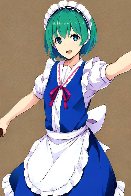 solo_focus, 1girl, (((masterpiece))), ((best quality)), ((ultra-detailed)), high resolution, absurdres, highres, ultra-detailed 8k unity wallpaper,
ruukoto, multi \(to heart\),
solo, 1girl, green_hair, maid_headdress, maid, smile, apron, short_hair, short_sleeves, puffy_short_sleeves, puffy_sleeves, blue_dress, dress, blue_eyes, maid_apron, open_mouth, white_apron, frills, waist_apron, ribbon, hairband, broom, yellow_eyes, :d, robot_joints,