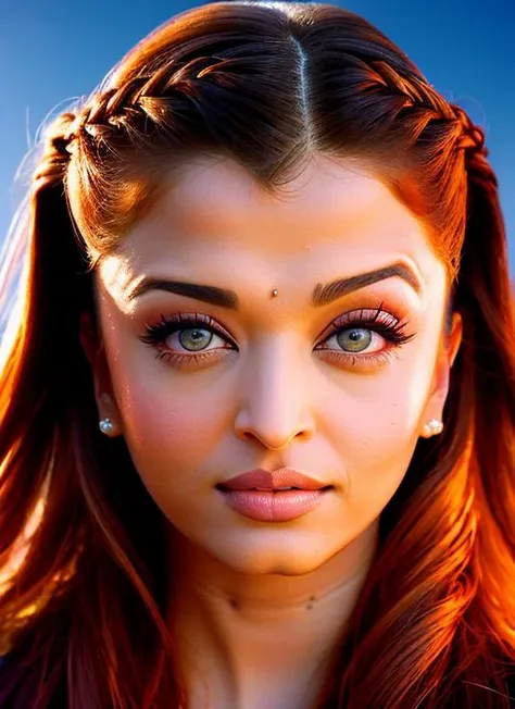 portrait of Aishwarya Rai, envious , wearing satin , with orange Fishtail braid, background desert, epic (photo, studio lighting, hard light, sony a7, 50 mm, matte skin, pores, colors, hyperdetailed, hyperrealistic), <lyco:Aishwarya Rai:1.1>