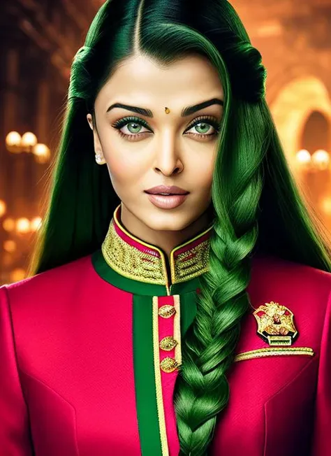 portrait of Aishwarya Rai, naughty_face , wearing tailored , with green Side braid, background colosseum, epic (photo, studio lighting, hard light, sony a7, 50 mm, matte skin, pores, colors, hyperdetailed, hyperrealistic), <lyco:Aishwarya Rai:1.1>