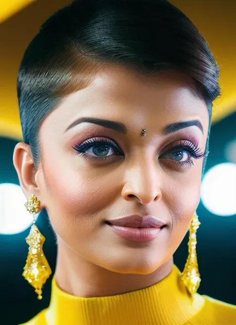 portrait of Aishwarya Rai, ecstatic , wearing haute couture garments , with yellow Shag haircut, background pagoda, epic (photo, studio lighting, hard light, sony a7, 50 mm, matte skin, pores, colors, hyperdetailed, hyperrealistic), <lyco:Aishwarya Rai:1.1>