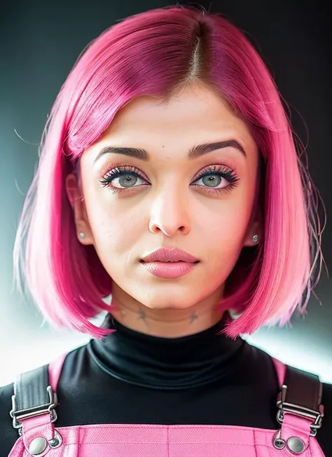 portrait of Aishwarya Rai, nervous , wearing overalls , with pink Lob (long bob), background dungeon, epic (photo, studio lighting, hard light, sony a7, 50 mm, matte skin, pores, colors, hyperdetailed, hyperrealistic), <lyco:Aishwarya Rai:1.1>