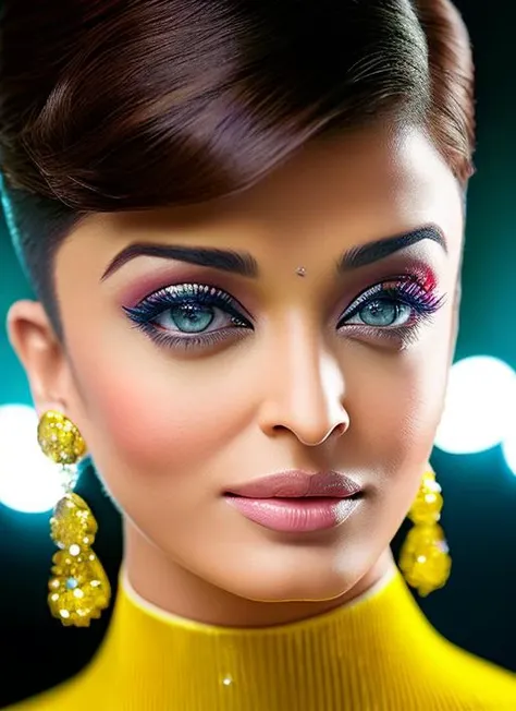 portrait of Aishwarya Rai, ecstatic , wearing haute couture garments , with yellow Shag haircut, background pagoda, epic (photo, studio lighting, hard light, sony a7, 50 mm, matte skin, pores, colors, hyperdetailed, hyperrealistic), <lyco:Aishwarya Rai:1.1>