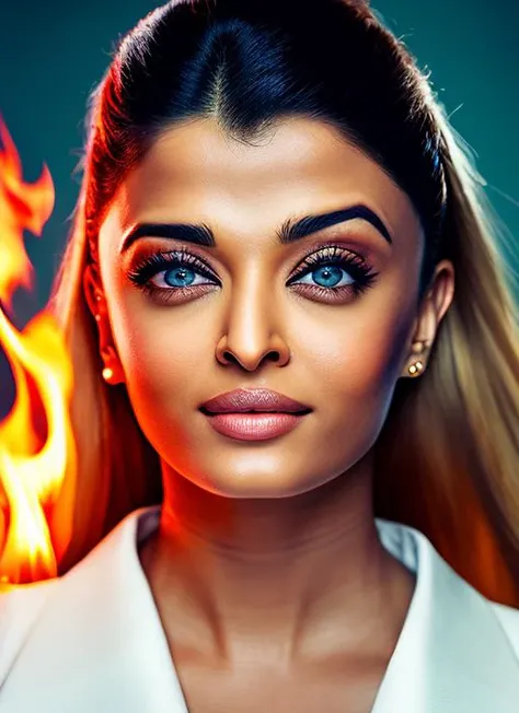 portrait of Aishwarya Rai, optimistic , wearing trousers , with natural blonde Top knot, background fire, epic (photo, studio lighting, hard light, sony a7, 50 mm, matte skin, pores, colors, hyperdetailed, hyperrealistic), <lyco:Aishwarya Rai:1.1>