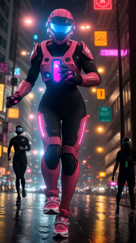 (extremely detailed:1.1),((masterpiece:1.2)),super realistic,<lora:hipoly3DModelLora:0.25>,<lora:spartan halo:0.9>,(female pink spartan quickly running down a city street),(high technology city),(explosion in the background),Cinematography,Variety of Armor Textures,in the day,(rim lighting),cinematic light,ultra high res,8k uhd,film grain,best shadow,((best quality)),(8k, high quality, cinematic, hyper realistic, illustration),(urbansamurai, techwear),(CG, 3D, realistic),(cyberhelmet),Cybernetic samurai,sleek metallic armor with intricate engravings,glowing energy lines coursing through the body, facial features obscured by a high-tech visor, Rain-soaked streets,(neon signs reflecting off puddles),(bustling crowds wearing futuristic attire),(towering holograms advertising the latest technology),