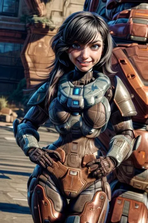 <lora:spartan halo:1>, (spartan,no helmet,gloves, power armor, science fiction, crotch plate, breastplate:1.3),<lora:add_detail:1>,<lora:more_details:1>,<lora:clothing details_v1.2_lbw:1.2>,ultra-detailed,best quality,masterpiece,highest detailed,16k,8k,ultra highres,absurdres,highres,HDR,intricate detail,high resolution,(extremely detailed face,extremely detailed eyes,extremely detailed body,extremely detailed breast,extremely detailed hair:1),Beautiful body,Beautiful Nose,perfect eyes,perfect face,expressive eyes,perfect balance,sharp focus,flawless,extreme detail description,delicate hair details,RAW,<lora:detail_slider_v4:2>,, white skin, asian, girl, youthful adult, college age, 19 year old, standing, arms behind back, blush, (armor, science fiction, soldier:1.1), small breasts, very wide waist, wide hips, neat hair, very long black hair, brown eyes, tapered eyebrows, Taiwanese, (smile, grin, loving expression, looking at viewer, confident, smirk), healthy, (breast practically non-existent:1),(nipples are puffy,swelling outward to a promontory:1)
