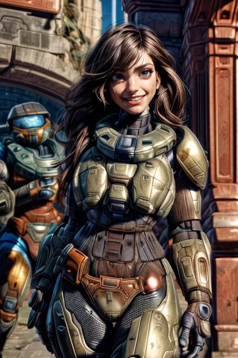 <lora:spartan halo:1>, (spartan,no helmet,gloves, power armor, science fiction, crotch plate, breastplate:1.3),<lora:add_detail:1>,<lora:more_details:1>,<lora:clothing details_v1.2_lbw:1.2>,ultra-detailed,best quality,masterpiece,highest detailed,16k,8k,ultra highres,absurdres,highres,HDR,intricate detail,high resolution,(extremely detailed face,extremely detailed eyes,extremely detailed body,extremely detailed breast,extremely detailed hair:1),Beautiful body,Beautiful Nose,perfect eyes,perfect face,expressive eyes,perfect balance,sharp focus,flawless,extreme detail description,delicate hair details,RAW,<lora:detail_slider_v4:2>,, white skin, middle eastern, woman, middle age, 42 year old, standing, arms behind back, blush, slim, muscular, (armor, science fiction, soldier:1.1), flat chest, neat hair, very long dark brown hair, brown eyes, thin eyebrows, Jordanian, (smile, grin, loving expression, looking at viewer, confident, smirk), healthy, (breast practically non-existent:1),