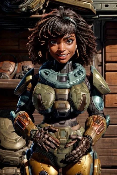 (best quality,4k,8k,highres,masterpiece:1.2), ultra-detailed, (realistic,photorealistic,photo-realistic:1.37),(Numerous award-winning masterpieces, incredibly detailed and textured, maximal resolution and clarity), (Hyper-realistic:1.4), (Realistic:1.3), imagine a high tech barbarian combining futuristic heavy orange armored space suit with primitive barbaric furs and loin cloth, her outer armor is a bold orange while her inner layers are a dark green. under the armor liner covers her upper body and arms under the armor. The power armor has chipped pain and scratches from many battles, it has rivets and a very heavy looking chest plate, there are gauges and hoses on the chest plate. visible wires pistons and gears connect the shoulder pads to the armored gloves. She is a muscular black woman with her short hair pulled back in dreadlocks.