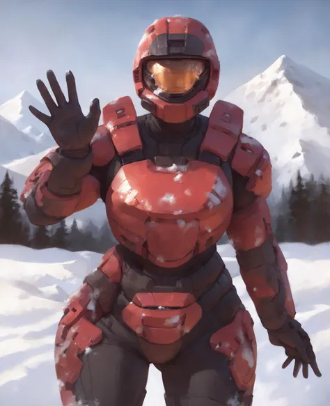 score_9, score_8_up, score_7_up, score_6_up, score_5_up, score_4_up, spartan \(halo\), (1girl, female:1.2), solo, standing, helmet, faceless, armor, gloves, crotch plate, breastplate, outside, snow, mountain, looking at viewer, waving at viewer, waving, red armor, pose, gesture, excited, wide stance, front view
 <lora:spartan_pdxl:1>