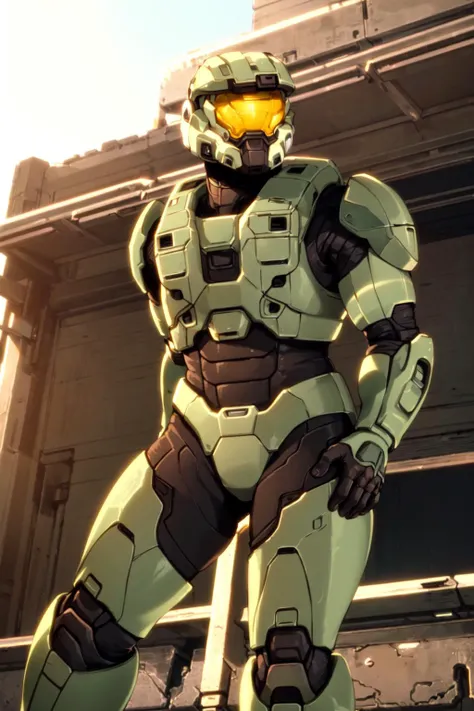 spartan, 1boy, solo, helmet, faceless, armor, gloves, power armor, science fiction, crotch plate, breastplate, outside, ((master chief, green armor))