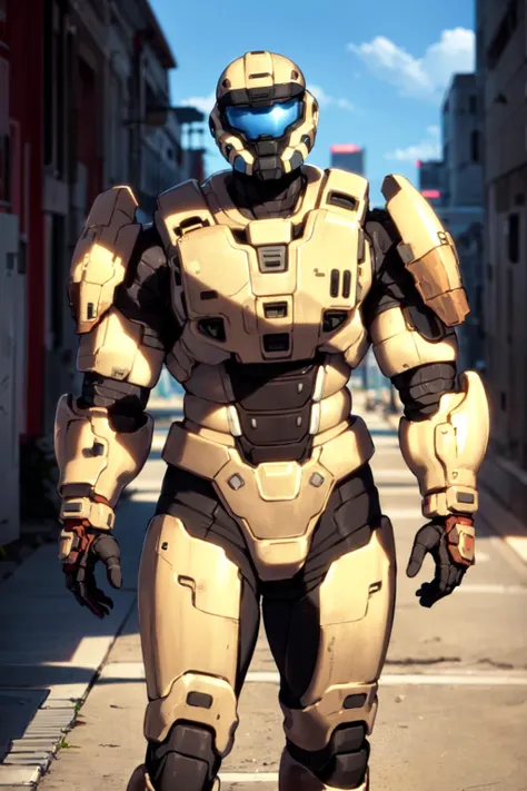 spartan, 1boy, solo, helmet, faceless, armor, gloves, power armor, science fiction, crotch plate, breastplate, outside, tall, muscular