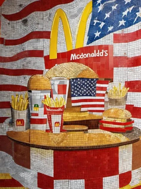 socrealmosaic mosaic mcdonald's restaurant, american flag in the background, very sharp, high quality <lora:hjsocrealmosaic_v10xl:0.8>