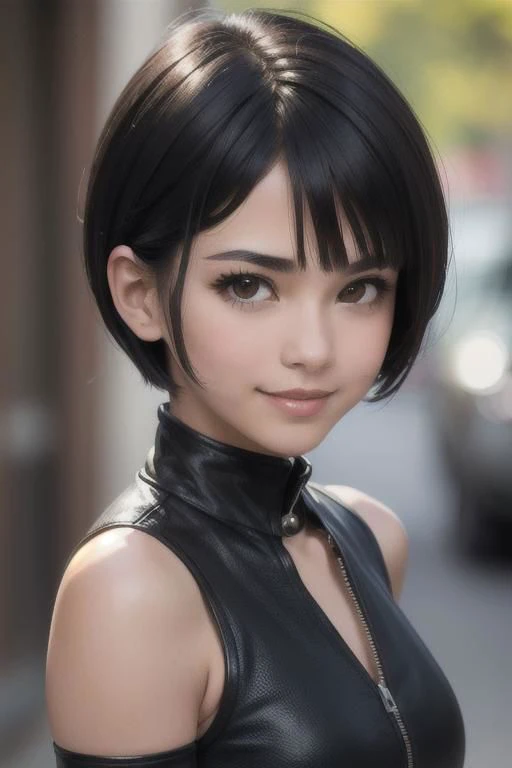spiky bald hairstyle, short hair, mexican skin, gloves, uniform military, 1girl ,dark black hair, ((hair cut super short,)), soft Brown eyes, smile lips,