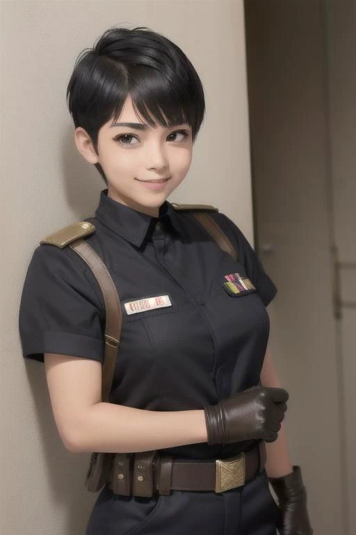 spiky bald hairstyle, short hair, mexican skin, gloves, uniform military, 1girl ,dark black hair, ((hair cut super short,)), soft Brown eyes, smile lips,