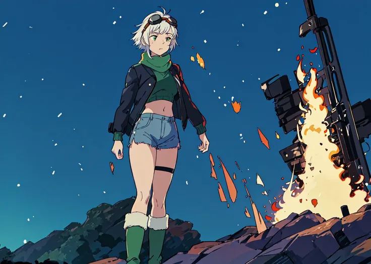 masterpiece, ultra high quality cg, best quality, 1girl, fie claussell, white hair, goggles on head, black jacket, green scarf, green sweater, midriff, gray shorts, green boots, standing alone <lora:fieClaussellSenNoKiseki_v1:0.6> , <lora:studioGhibliStyle_offset:1> battlefield, tank, explosions, fire, night, moon