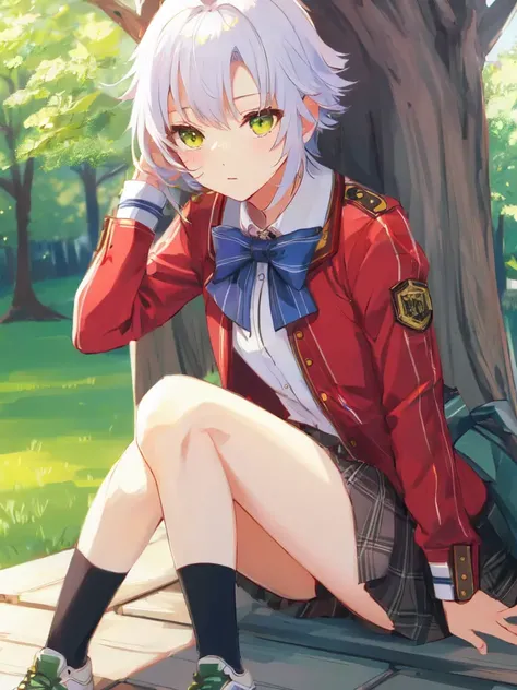 masterpiece, ultra high quality cg, best quality, 1girl, fie claussell, red jacket, white shirt, plaid skirt, blue bowtie, black socks, green sneakers, sitting under tree, grass, blue sky