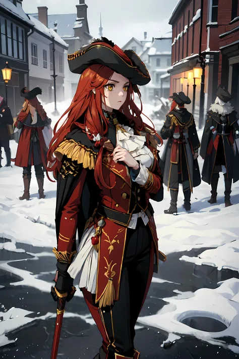 masterpiece,best quality, ultra_res, extremely detailed,
1girl <lora:mary:0.8> <lora:SORCERESS:0.2>
STRAIGHT HAIRï¼LONG HAIR,RED HAIR,YELLOW EYES,(braid:0.7)
ASCOT, white jabot, ruff collar,
black CAPE,COAT, HAT FEATHER, red UNIFORM,TRICORNE,
medium, breasts, waist,
long pants, boots,
weapon, sword,
<lora:izumirika_lora:0.5>
<lora:Styles_animemix_16:0.4> <lora:last:0.1>