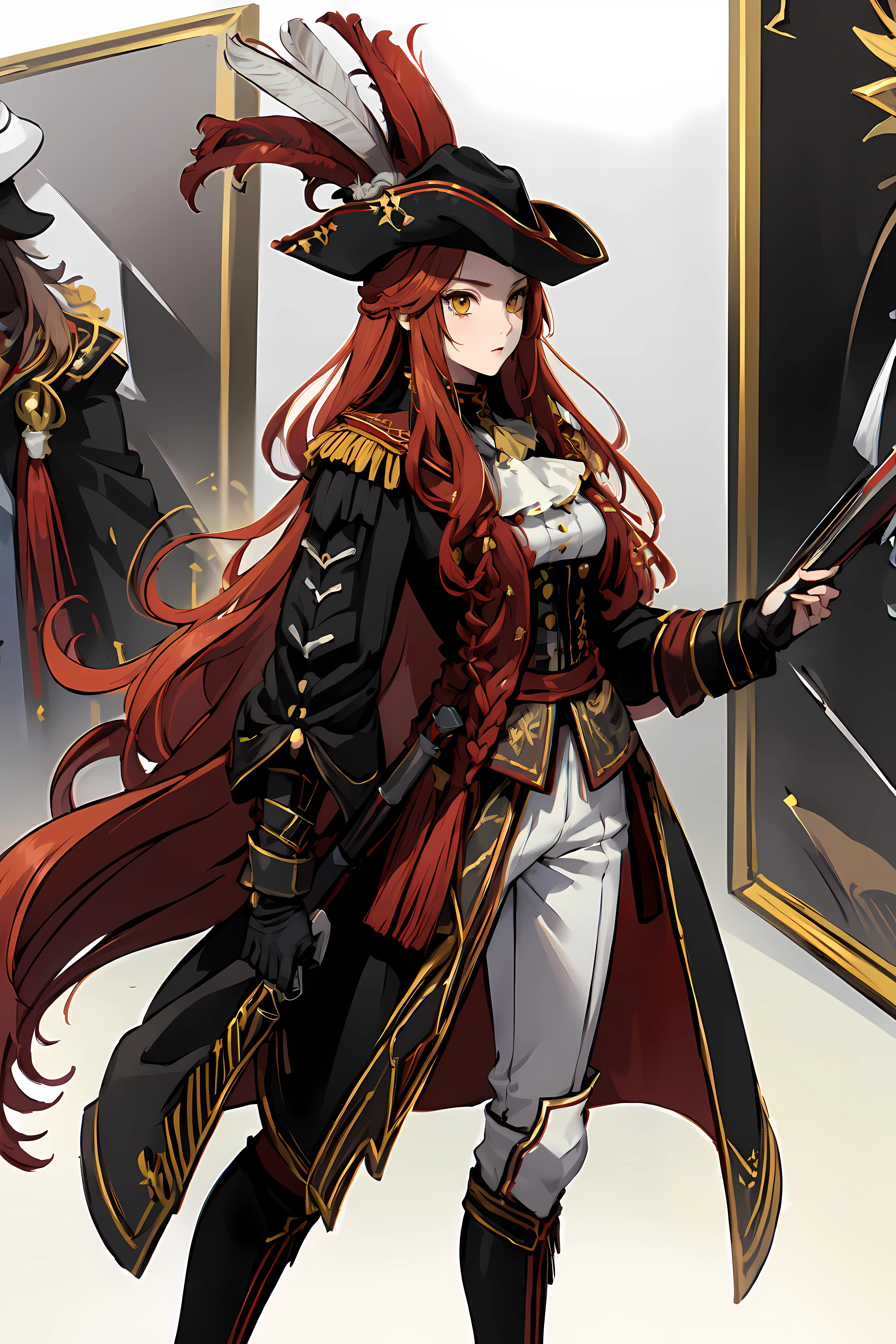 masterpiece,best quality, ultra_res, extremely detailed,
1girl <lora:mary:0.8> <lora:SORCERESS:0.2>
STRAIGHT HAIRï¼LONG HAIR,RED HAIR,YELLOW EYES,(braid:0.7)
ASCOT, white jabot, ruff collar,
black CAPE,COAT, HAT FEATHER, red UNIFORM,TRICORNE,
medium, breasts, waist,
long pants, boots,
weapon, sword,
<lora:izumirika_lora:0.5>