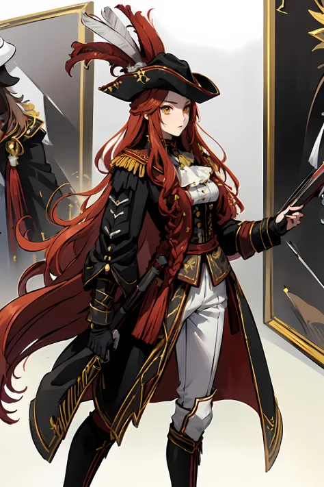 masterpiece,best quality, ultra_res, extremely detailed,
1girl <lora:mary:0.8> <lora:SORCERESS:0.2>
STRAIGHT HAIRï¼LONG HAIR,RED HAIR,YELLOW EYES,(braid:0.7)
ASCOT, white jabot, ruff collar,
black CAPE,COAT, HAT FEATHER,  red UNIFORM,TRICORNE,
medium, breasts, waist,
long pants, boots,
weapon, sword,
<lora:izumirika_lora:0.5>