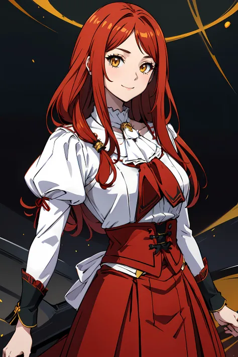 masterpiece,best quality, ultra_res, extremely detailed,
1girl <lora:mary:0.7> <lora:SORCERESS:0.3>
STRAIGHT HAIRï¼LONG HAIR,RED HAIR,YELLOW EYES, (braid:0.8)
ascot, (white jabot,:1.1) ruff collar,
(white shirt:1.2),long sleeve, red skirt,
medium, breasts, waist,
waist shot
watching at viewer, smile
<lora:izumirika_lora:0.5>
<lora:Styles_animemix_16:0.4>