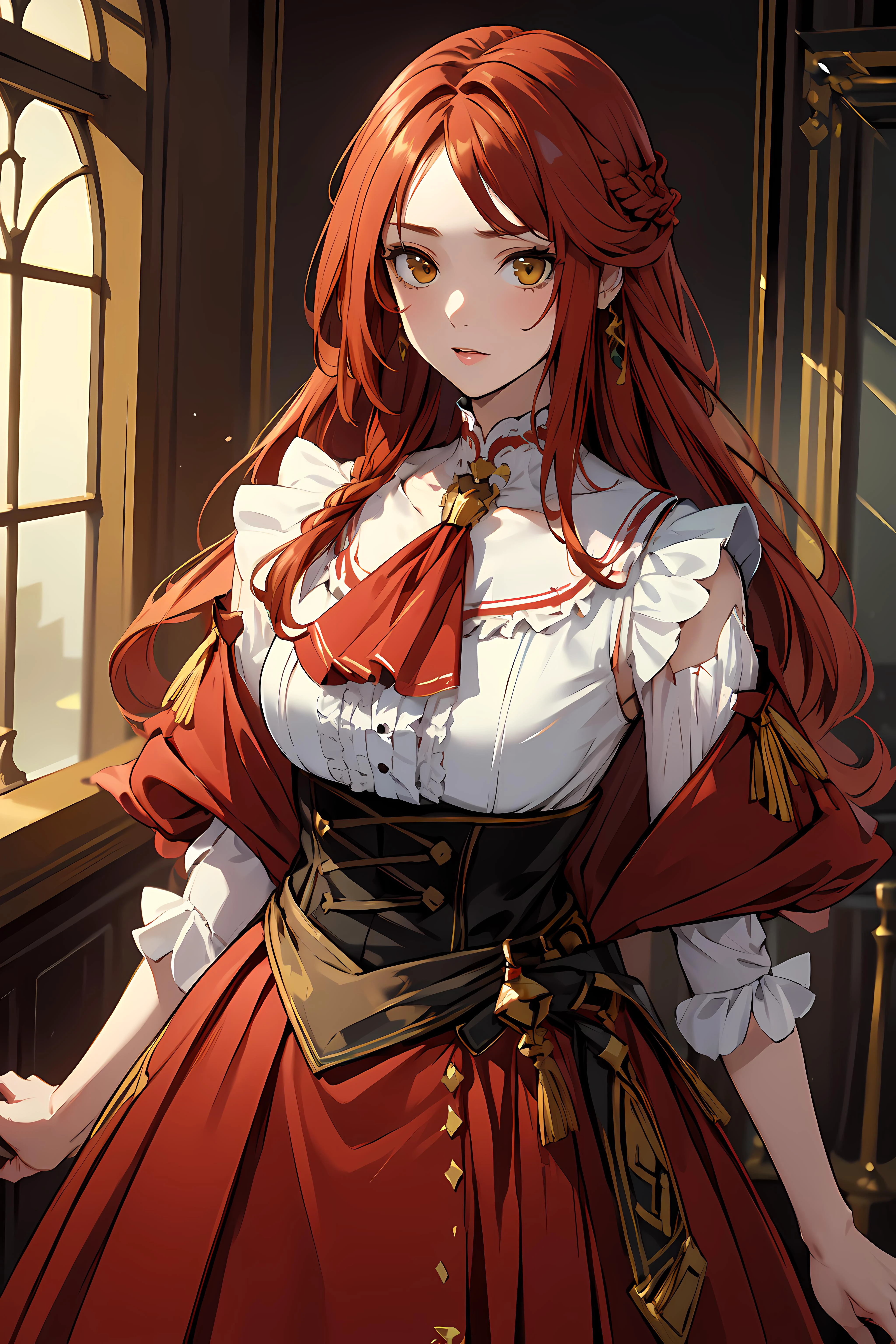 masterpiece,best quality, ultra_res, extremely detailed,
1girl <lora:mary:0.8> <lora:SORCERESS:0.4>
STRAIGHT HAIRï¼LONG HAIR,RED HAIR,YELLOW EYES, (braid:0.8)
white jabot, ruff collar,
white shirt, red skirt,
medium, breasts, waist,
waist shot
watching at viewer,
<lora:izumirika_lora:0.5>
<lora:Styles_animemix_16:0.4>