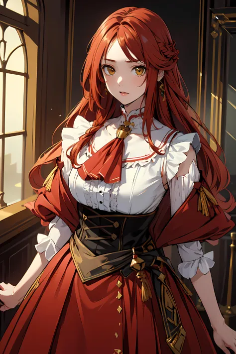 masterpiece,best quality, ultra_res, extremely detailed,
1girl <lora:mary:0.8> <lora:SORCERESS:0.4>
STRAIGHT HAIRï¼LONG HAIR,RED HAIR,YELLOW EYES, (braid:0.8)
white jabot, ruff collar,
white shirt, red skirt,
medium, breasts, waist,
waist shot
watching at viewer,
<lora:izumirika_lora:0.5>
 <lora:Styles_animemix_16:0.4>