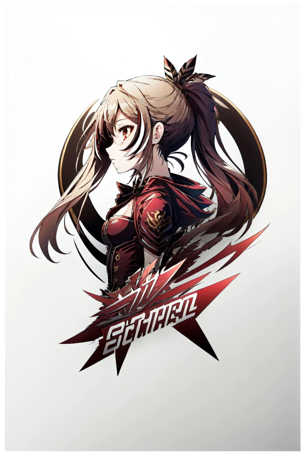 (masterpiece, best quality), intricate details, 8k, artstation, wallpaper, official art, sharp focus,
1girl,
<lora:logo_v1-000012:1> logo, white background,simple background, positive and negative space
<lora:nanashiMumeiLora_v1:0.8> nanashi mumei, shirt, corset, cleavage cutout, red skirt, single thighhigh, cloak, ribbon, ponytail, very long hair, hairclip, feathers, knife, belt, partially fingerless gloves,