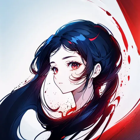 absurdres, 1girl, red eyes, black hair, long hair, wide-eyed, eyelashes, side view, demon horns, upper body, logo, <lora:logo_v1:0.75>, white background, simple background, t-shirt, circle, poster, clouds, blue sky, mountains, the inscription "Den"