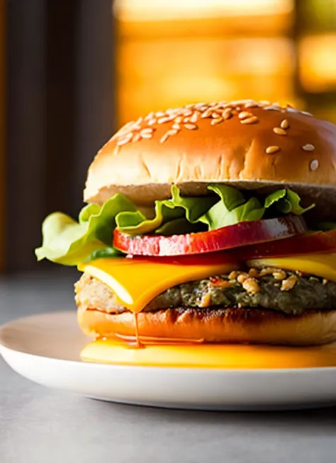 RAW photo,hyper-realistic, A close-up photograph of a juicy cheeseburger on a white plate, with a shallow depth of field and a blurred background. The burger is topped with melted cheddar cheese and crispy bacon, and served on a sesame seed bun. Shot with a Sony A7III camera using natural lighting, the image has a warm and inviting aesthetic.,8k uhd, HDR, high quality,untra detailed,film grain