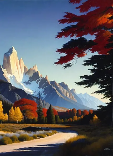 painting by sargent and rhads and leyendecker and greg hildebrandt evening sky, low thunder clouds foothpath with trees at indian summer with zugspitze fitz roy in background, colours green, red, blue black and white, acuarela <lyco:di.FFUSION.ai-tXe-FXAA:1.5>