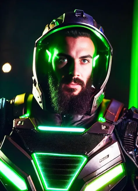 portrait photo of muscular bearded guy in a worn mech suit, surrounded by an electric atmosphere and illuminated with a green neon glow, chest lights, blinkenlights, (light bokeh)++, intricate, (steel metal (rust)-)+, elegant, sharp focus, photo by greg rutkowski, soft lighting, vibrant colors, (masterpiece)+, (streets)++, (detailed face)+, futuristic, hightech, scifi <lyco:di.FFUSION.ai-tXe-FXAA:1.5>