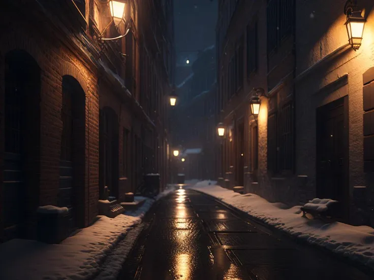 18th centruy, a backalley, warm glow, blowing snow, night, dark moody atmosphere, particles, 8k uhd, dslr, soft lighting, high quality, volumetric lighting<lyco:di.FFUSION.ai-tXe-FXAA:1.0>