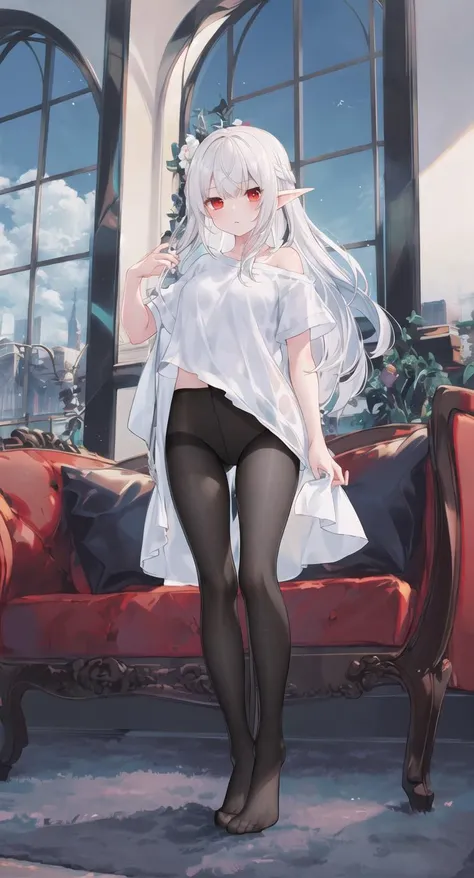 masterpiece, best quality,white hair, 1girl,red eyes,medium_breasts,cold expression,no shoes,white T-shirt,sky and clouds,french window,in hotel,long hair,standing,pantyhose,black legwear,elf