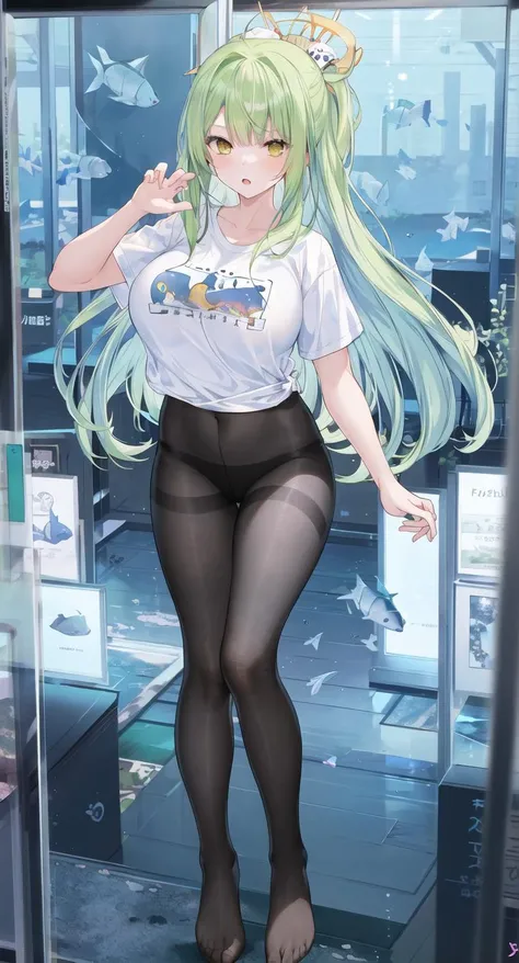 masterpiece, best quality,1girl,big breasts,bangs,long hair,green hair,yellow eyes,cold expression
 t-shirt,black pantyhose
standing
aquarium,glass wall,fish,whale