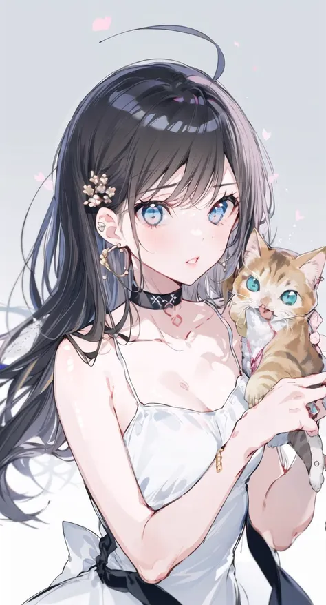 1girl, animal, animal_on_shoulder, bangs, bare_arms, bare_shoulders, bird, blue_eyes, cat, choker, collarbone, dress, earrings, eyebrows_visible_through_hair, holding_animal, jewelry, long_hair, looking_at_viewer, sleeveless, solo, spaghetti_strap, upper_body, white_dress