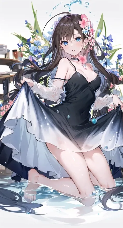 1girl, bangs, bare_shoulders, barefoot, blue_dress, blue_eyes, blush, breasts, brown_hair, bubble, clothes_lift, collarbone, dress, dress_lift, eyebrows_visible_through_hair, flower, hair_flower, hair_ornament, kneeling, lifted_by_self, long_hair, long_sleeves, looking_at_viewer, medium_breasts, off_shoulder, parted_lips, skirt_hold, sleeveless, sleeveless_dress, solo, spaghetti_strap, strap_slip, very_long_hair, water, white_flower