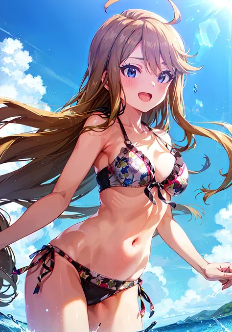 megumi tokoro (million live), (best quality, 8K, masterpiece, ultra detailed:1.2),side-tie bikini bottom, front-tie bikini top, lace trim, day, dappled sunlight, ocean, cinametic angle, floating hair, wind, light smile, cute, sexy, innocent