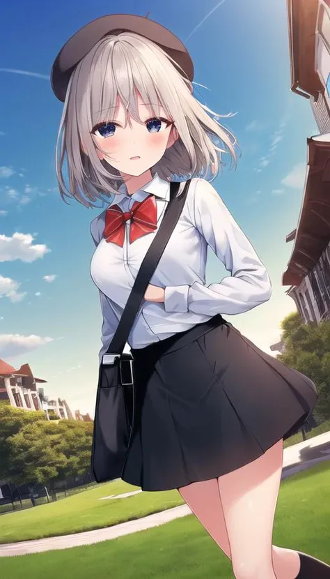 (((highly detailed, extremely detailed CG unity 8k wallpaper, illustration, highres, absurdres, beautiful detailed eyes, finely detailed breasts, highly detail hair)), ((masterpiece))
outdoors,sky,cloud,grass,
((beautiful detailed eyes)),
1girl,solo,
pov crotch,
cowboy shot,
1girl, shirt, bow, brown hair, bowtie, skirt, red bow, white shirt, 1boy, hat, red bowtie, black skirt, socks, bag, collared shirt, dutch angle, beret, black headwear, open mouth, shoulder bag, black eyes, medium hair, shoes, closed mouth, long sleeves, black footwear, sky, blush, short hair, bangs, outdoors, short sleeves, breasts, standing, building, school uniform <lyco:laopo-000010:1>