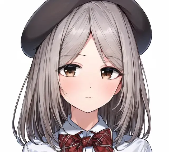 (((highly detailed, extremely detailed CG unity 8k wallpaper, illustration, highres, absurdres, beautiful detailed eyes, finely detailed breasts, highly detail hair)), ((masterpiece))
((beautiful detailed eyes)),
1girl, solo, hat, bow, white background, blush, bowtie, simple background, red bow, portrait, closed mouth, looking at viewer, brown headwear, shirt, red bowtie, beret, collared shirt, bangs, brown hair, long hair, white shirt, parted bangs, black headwear, plaid, wing collar, brown eyes, grey hair, medium hair<lyco:laopo-000010:0.8>