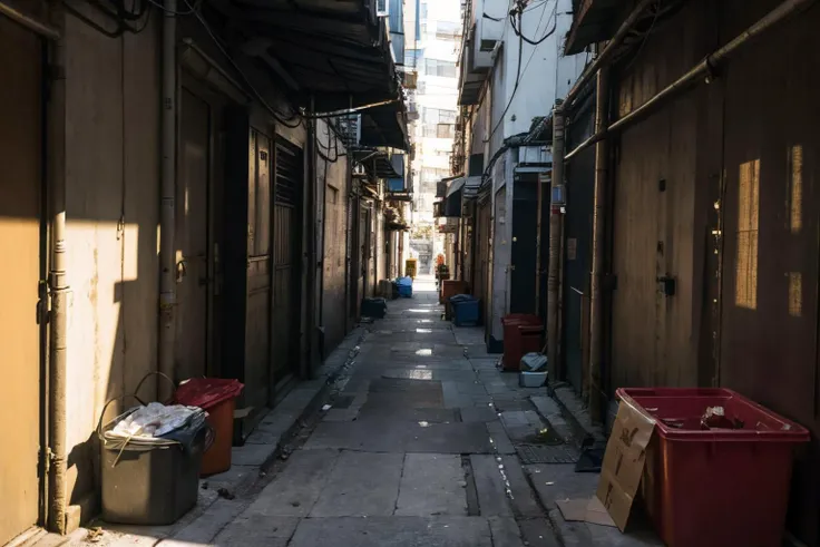 no humans,outdoors,<lora:dirty alley_v1:0.5>,ruanyi046,dirty alley,dappled_sunshine,, (masterpiece:1.2), best quality, highres,extremely detailed CG,perfect lighting,8k wallpaper,photograph, photorealistic,