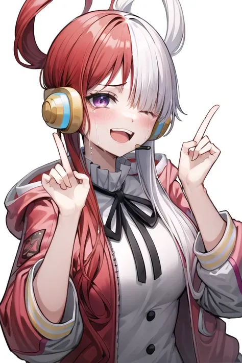 <lora:utaonepiece:0.5>,utaonepiece, 1girl, crying, solo, white background, long hair, blush, smile, simple background, open mouth, looking at viewer, upper body, headphones, jacket, index finger raised, long sleeves, headset, white shirt