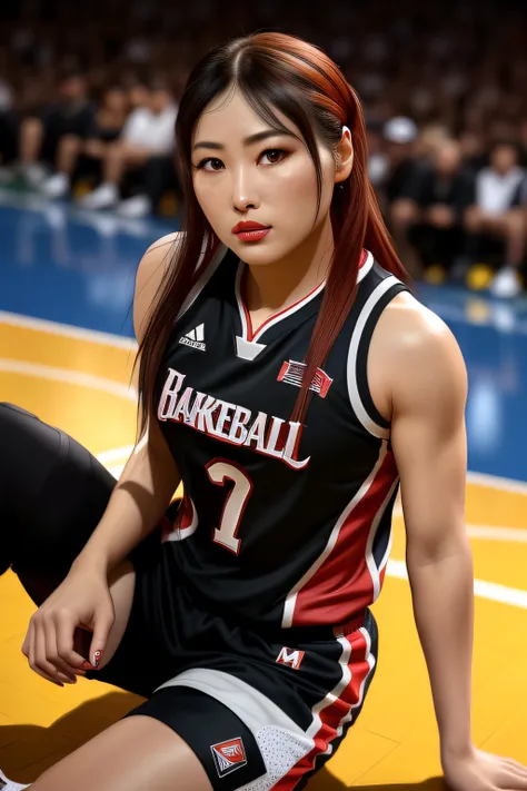 8 thousand, best quality, masterpiece: 1.2), (realistic, realistic: 1.37), very detailed, best quality, ultra high resolution, professional lighting, photon mapping, radio city, Physically Based Rendering, movie lights , Basketball courts, depth of field, Concentrate upon, sun rays, good composition, (bokeh: 1.2), 1 girl, (whole body), (closed mouth), beautiful eyes, pose, constriction, basketball uniform, black hair , messy hair, long hair blowing in the wind,(Ulzzang-6500:1.2) mix 4, hiqcgbody, big bust, A little sexy outfit, clothes:random color,