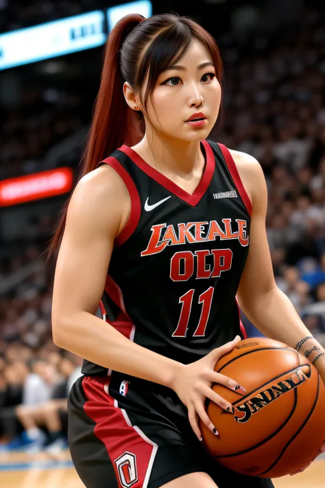 photo of (IySkM01:0.99), a woman as a sexy basketball player, ((perfect hair)), modelshoot style, (extremely detailed CG unity 8k wallpaper), photo of the most beautiful artwork in the world, professional majestic oil painting by Ed Blinkey, Atey Ghailan, Studio Ghibli, by Jeremy Mann, Greg Manchess, Antonio Moro, trending on ArtStation, trending on CGSociety, Intricate, High Detail, Sharp focus, dramatic, photorealistic painting art by midjourney and greg rutkowski, (basketball_uniform:1.2), (basketball shorts:1.2), (sneakers), (on the basketball_court ), (( dribbling_\(basketball\) )), (basketball), ((in a basketball stadium )), (( crowd sitting on the bleachers )), (basketball game), (looking at viewer), (detailed pupils:1.3), (modern outfit:1.2), (closeup), red lips, (eye shadow)