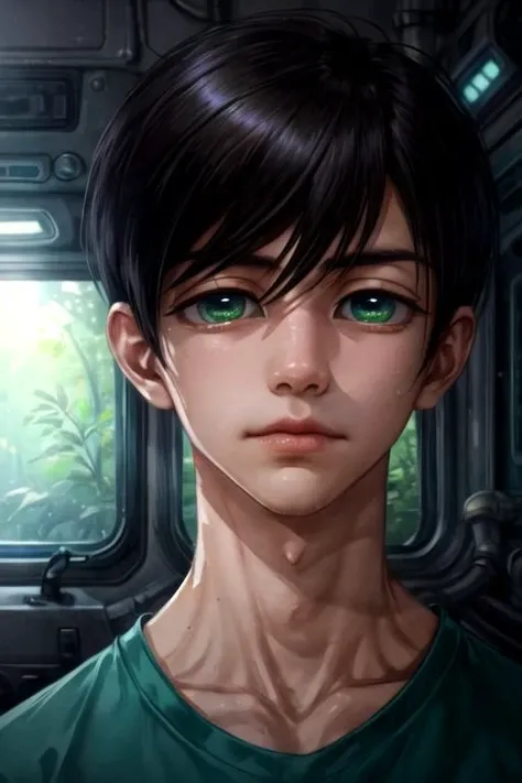 masterpiece, best quality, sketch, 1boy, solo, male focus, looking at viewer, upper body, depth of field, <lora:misaki_yasuda:0.74>, misaki_yasuda, black hair, green eyes, , sci-fi, High definition