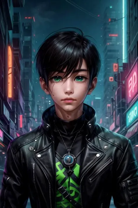 masterpiece, best quality, , 1boy, solo, male focus, looking at viewer, upper body, depth of field, <lora:misaki_yasuda:0.74>, misaki_yasuda, black hair, green eyes, biker costume, science fiction cyberpunk,