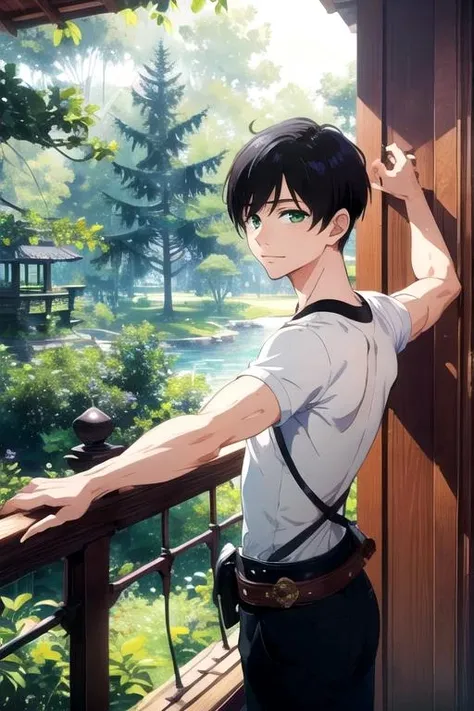 masterpiece, best quality, wallpaper, 1boy, solo, male focus, looking at viewer, , , <lora:misaki_yasuda:0.72>, misaki_yasuda, black hair, green eyes, swashbuckler costume, Shambhala: A hidden paradise where enlightened beings live in perfect harmony, HD-DVD