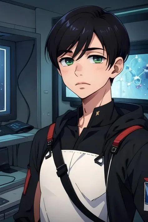 masterpiece, best quality, photorealistic, 1boy, solo, male focus, looking at viewer, upper body, , <lora:misaki_yasuda:0.66>, misaki_yasuda, black hair, green eyes, patriotic costume, science fiction social science fiction,