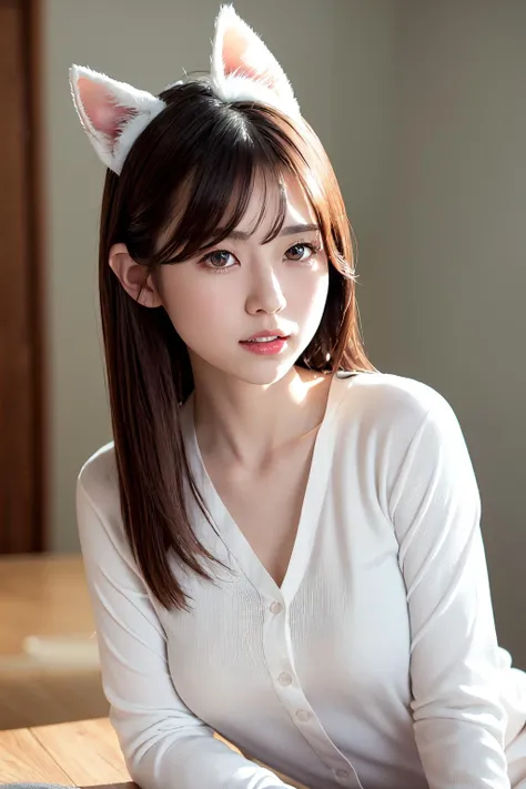 <lora:ibuki_v2:0.6>, ibuki 20 years old, pale skin, slim, cute face, brown eyes, ((white pajamas)),red cat ears,
(detailed eyes features:1.2), (detailed face features:1.2), close-up, smile, look at camera, natural breasts,
morning,
extreme realistic, depth of field, natural lighting, 8k, post-processing, ultra high res, (photorealistic:1.6), (masterpiece:1.3), (RAW photo:1.2), Fujifilm XT3, DSLR, <lora:Arknights-Texas the Omertosa:0.2>
