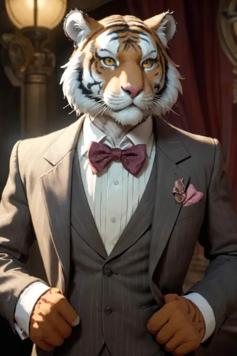 portrait of an an anthropomorphic tiger dressed in an old-fashioned suit with a bow, by greg rutkowski and alphonse mucha, fantasy art, photo realistic, highly detailed, cinematic lighting, artstation