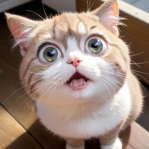 cute little furry kitty with large sparkling glittering googly eyes is looking up to the viewer begging for foodultra realistic